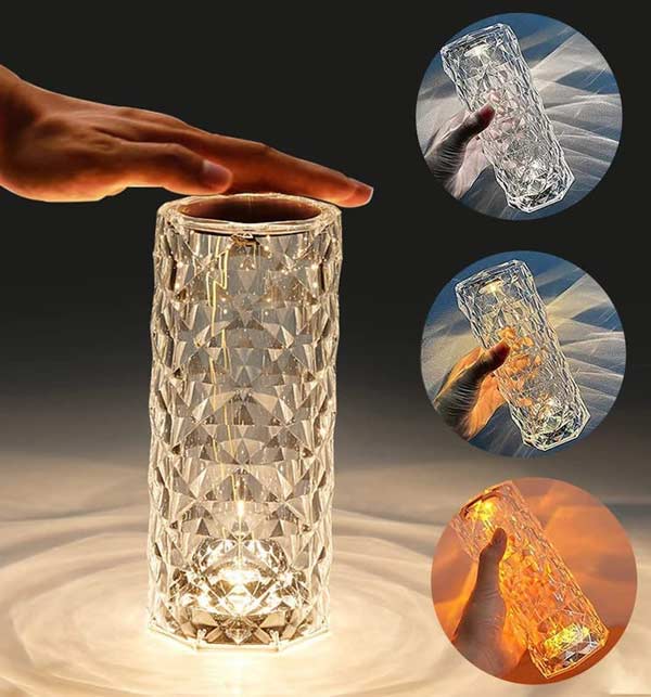 Rose Crystal Diamond Table Lamp Acrylic Touch Atmosphere Light 16 Colors Fantasy Night Light Six-Speed Dimming Creative Gift (USB Plug-In Use)